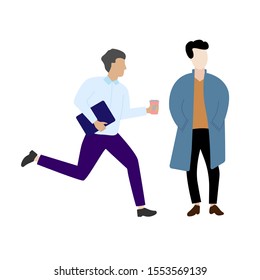Set of flat cartoon characters isolated with man running, man in a raincoat.