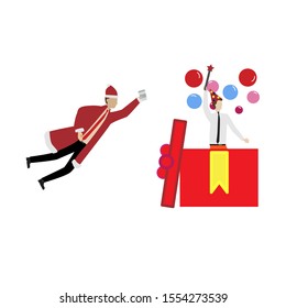 Set of flat cartoon characters isolated with people and holiday, man in Santa Claus costume, man in holiday box
