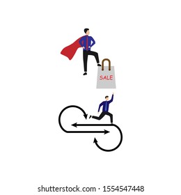 Set of flat cartoon characters isolated with man and arrow, man with shopping