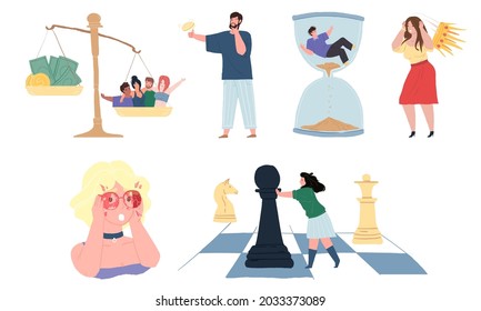 Set of flat cartoon characters in life attitude scenes depicted by metaphors- self-conceit problem,wearing pink glasses,time pressure,life values,decisions making concept,web site banner design