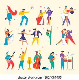 Set of flat cartoon characters for social media post,web banner stories,music fest,dance party poster flyer concept.Modern trendy people playing muisc,dancing,man woman