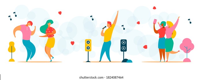 Set Of Flat Cartoon Characters For Social Media,Web Banner Stories,announcement Post,music Fest,dance Party Poster Flyer Concept.Modern Trendy People Singing,dancing,man Woman