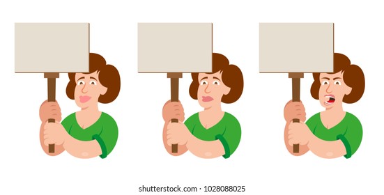 Set flat cartoon characters white women feminism power with different emotion which keep a sign without slogan take part in protest for freedom rights women people. Modern vector illustration style