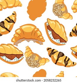 Set of flat cartoon croissants. Pattern croissanta. Isolated vector illustrations.