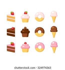 Set of flat cartoon dessert icons. Cakes, cupcakes, donuts and ice cream in different flavors: vanilla, chocolate and strawberry. Vector illustration.