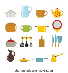 Set flat cartoon dishes items. Elements for kitchen and home design, infographics, labels, advertising and web sites.