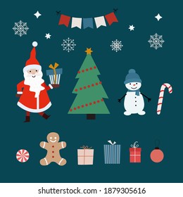 Set of flat cartoon elements. Christmas  decorations.