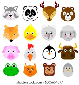Set of flat cartoon faces of different animal, vector illustration isolated on white background
