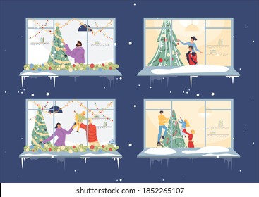 Set of flat cartoon family characters happily decorating christmas tree,merry Xmas,happy New Year holiday concept