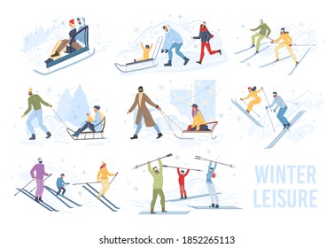 Set of flat cartoon family characters doing winter outdoor sport activities,skiing and sledging in snow,merry christmas,happy New Year holiday concept