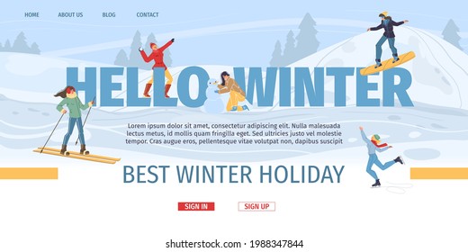 Set of flat cartoon family characters doing winter outdoor sport activities,skiing and snowboarding in snow - winter resort holidays,family vacation concept for ready web online site design