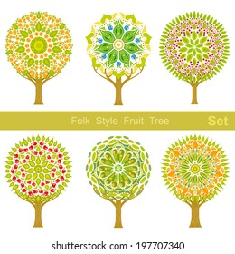 set of flat cartoon folk style fruit trees 