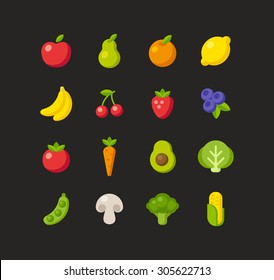 Set of flat cartoon fruit and vegetable icons.
