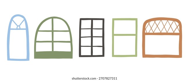 Conjunto de ventanas de variaciones dibujadas a mano de dibujos animados planos. Ilustración vectorial para diseño, impresión y scrapbooking.