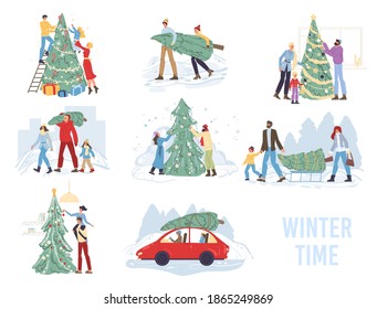 Set of flat cartoon happy family characters carry and decorating christmas tree,merry Xmas,happy New Year holiday concept