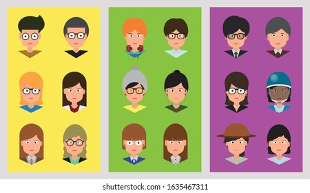 Set of flat cartoon head people characters.