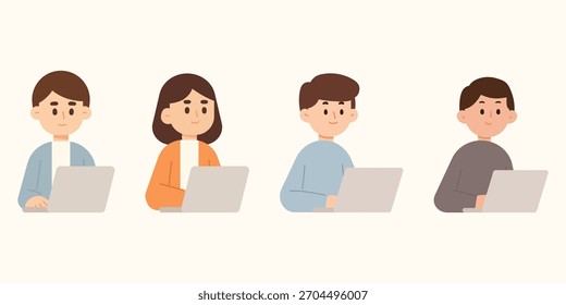 Set von flachen Cartoon-Illustration von Büroangestellten, die an Laptop-Computer arbeiten. Co-Working- und Arbeitsraumkonzept.