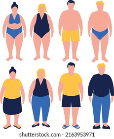Conjunto de dibujos animados planos de mujeres y hombres con sobrepeso. Personajes masculinos y femeninos de gran tamaño. Concepto de índice de masa corporal positivo. Adultos con problemas de sobrepeso. Aislado
