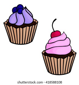 Set flat cartoon isolated cupcakes with cream, decorated with berries (cherries, blueberries). Hand drawn vector illustration.