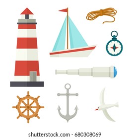 Set of flat cartoon nautical elements lighthouse, anchor, compass, ship, rope, seagull, steering wheel, telescope, vector illustration isolated on white background. Set of cartoon nautical elements