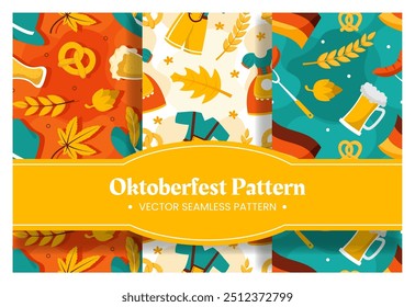 Conjunto de dibujos animados planos Oktoberfest diseño de patrón con cerveza, salchichas y banderas bávaras