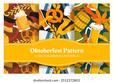 Conjunto de dibujos animados planos Oktoberfest diseño de patrón con cerveza, salchichas y banderas bávaras