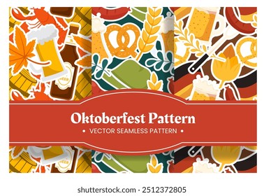 Set von flachen Cartoon Oktoberfest Fest Muster Design mit Bier, Würstchen und Bayerischen Flaggen