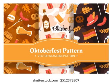 Conjunto de dibujos animados planos Oktoberfest diseño de patrón con cerveza, salchichas y banderas bávaras