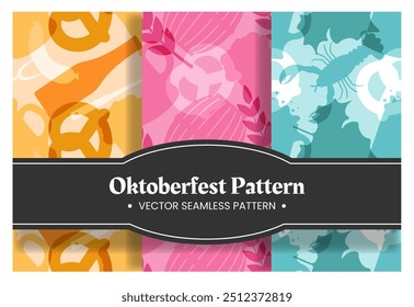 Conjunto de dibujos animados planos Oktoberfest diseño de patrón con cerveza, salchichas y banderas bávaras