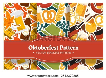 Set of Flat Cartoon Oktoberfest Fest Pattern Design with Beer, Sausages, and Bavarian Flags