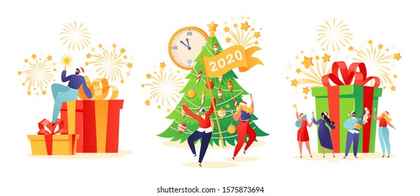 Set of flat cartoon people characters with holiday scenes. Women and men dancing and having fun, drinking champagne, give presents. People in anticipation of the celebration of Christmas and New Year.