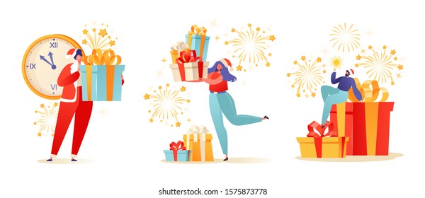 Set of flat cartoon people characters with holiday scenes. Women and men pack, prepare and give gifts. Fireworks, big clock on the background People in anticipation of celebration Christmas, New Year.