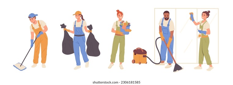 Set of flat cartoon people characters from home cleaning service wearing uniform holding tools