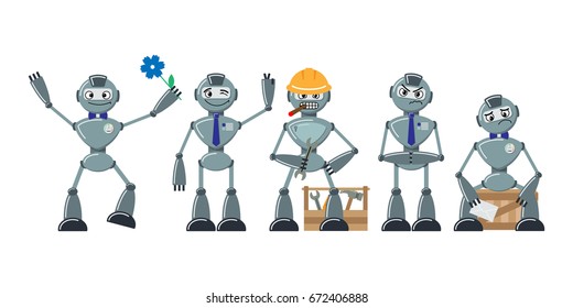 Set of flat cartoon robots. The same style personage in different poses and emotions. Joyful, angry, sad, dreamy. Vector illustration.
