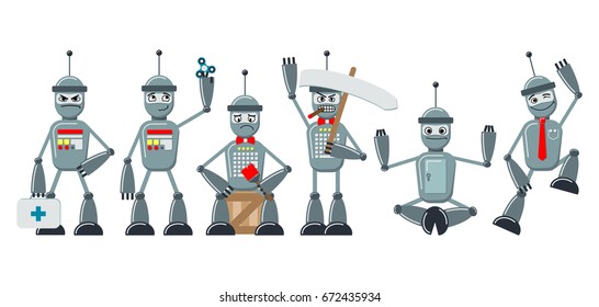 Set of flat cartoon robots. The same style personage in different poses and emotions. Joyful, angry, sad, dreamy. Vector illustration.