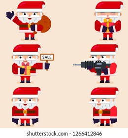 Set of flat cartoon Santa Claus character with different styles and poses. Funny cartoon cute Santa Claus characters with different emotions and with banner, gun and gift, vector element for Christmas