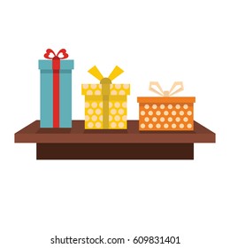 Set flat cartoon shelf with gifts. Elements celebration and holiday design, infographics, labels, advertising and web sites.
