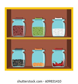 Set flat cartoon shelf spices. Elements for kitchen design, infographics, labels, advertising and web sites.