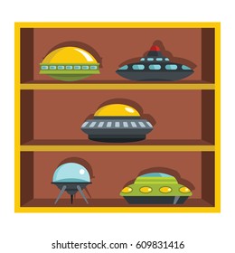 Set flat cartoon shelf with ufo. Elements for home design, infographics, labels, advertising and web sites.