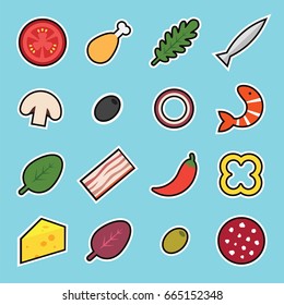 Set of Flat Cartoon Sticker Style Vector Food (Tomato, Chicken Leg, Arugula, Anchovy, Champignon, Olive, Onion, Shrimp, Oregano, Bacon, Hot chili Pepper, Bell (Sweet) Pepper, Cheese, Basil, Salami)