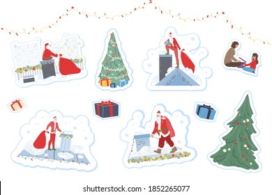 Set of flat cartoon stickers and symbols - happy family characters,Sants Claus,christmas tree,gift boxes-merry christmas,happy New Year holiday concept