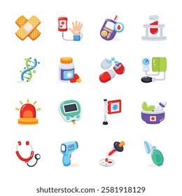 A set of flat, cartoon style icons depicts various medical tools, equipment, and supplies.