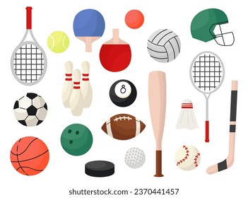 A set of flat cartoon style sports equipment. Sport gear collection. Baseball, basketball, tennis, billiards, ping-pong, rugby, football, badminton icons.