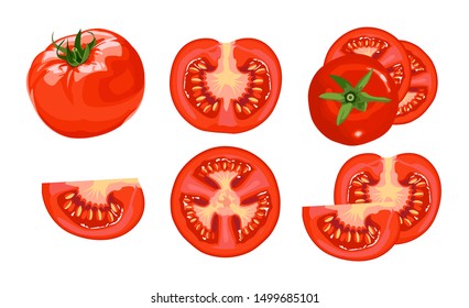 set of flat cartoon tomatoes isolated on a white background, vector illustration