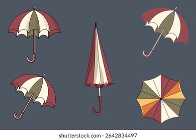 Set of flat cartoon umbrellas in vibrant tones, colorful rain-themed vector icons, creative rainy day illustrations, umbrella collection for kids projects, cute backgrounds, and design elements

