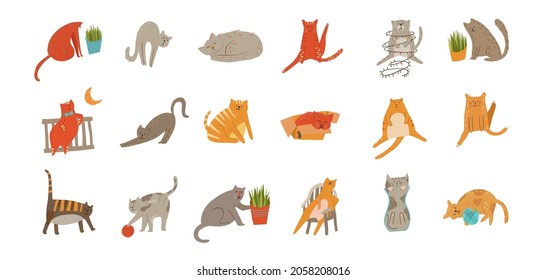 Set of flat cartoon vector cats illustration. Cat sitting, slipping, playing with yarn ball, grooming, christmas like, eating grass.