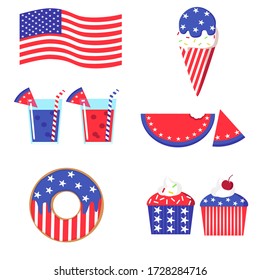 conjunto de elementos de diseño de vectores de dibujos animados planos Comida, bebida, postre, donut, pastel para el Día de la Independencia de Estados Unidos 4 de julio. Ilustración vectorial para banner,web,art,clip art