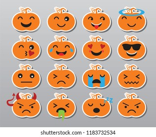 Set of flat cartoon vector emoji isolated on grey background. Pumpkin emotions concept. Faces with different facial expressions. Icon collection emoji.