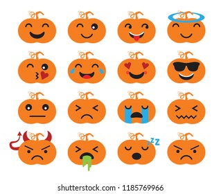 Set of flat cartoon vector emoji isolated on white background. Pumpkin emotions concept. Faces with different facial expressions. Icon collection emoji.