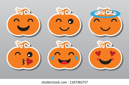 Set of flat cartoon vector emoji isolated on grey background. Pumpkin emotions concept. Faces with different facial expressions. Icon collection emoji.